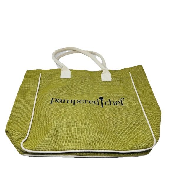 Pampered Chef Handbags - Pampered Chef Green Jute Tote Bag Large Zip Close Top Double Handles‎